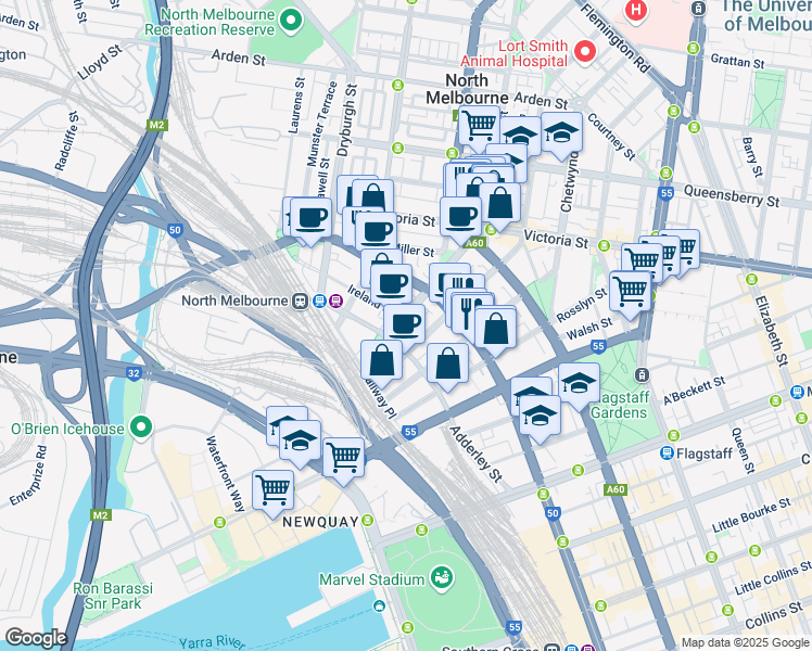 map of restaurants, bars, coffee shops, grocery stores, and more near 151 Hawke Street in West Melbourne