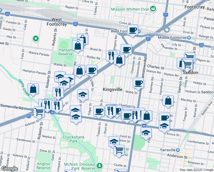 map of restaurants, bars, coffee shops, grocery stores, and more near 25 Kingsville Street in Kingsville