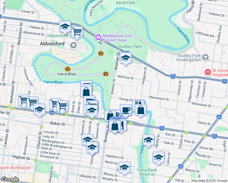 map of restaurants, bars, coffee shops, grocery stores, and more near 10 Walmer Street in Kew