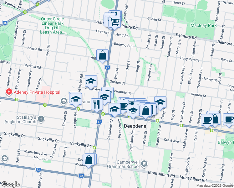 map of restaurants, bars, coffee shops, grocery stores, and more near 6 Abercrombie Street in Balwyn