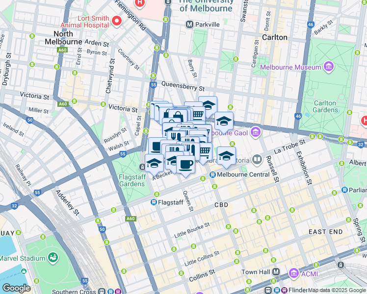 map of restaurants, bars, coffee shops, grocery stores, and more near 151 Franklin Street in Melbourne