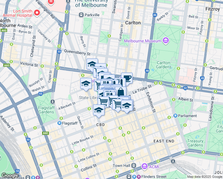 map of restaurants, bars, coffee shops, grocery stores, and more near 124 La Trobe Street in Melbourne