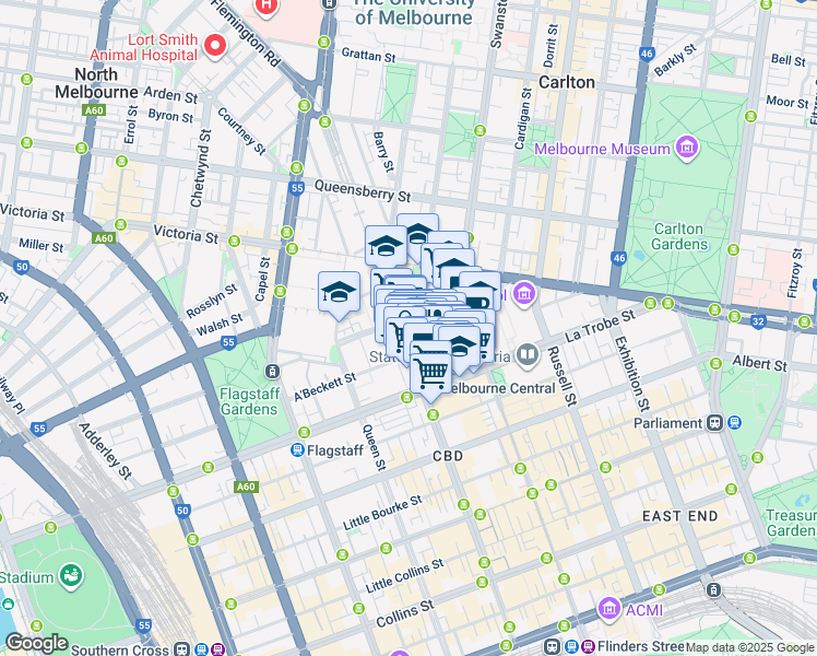 map of restaurants, bars, coffee shops, grocery stores, and more near 442 Elizabeth Street in Melbourne