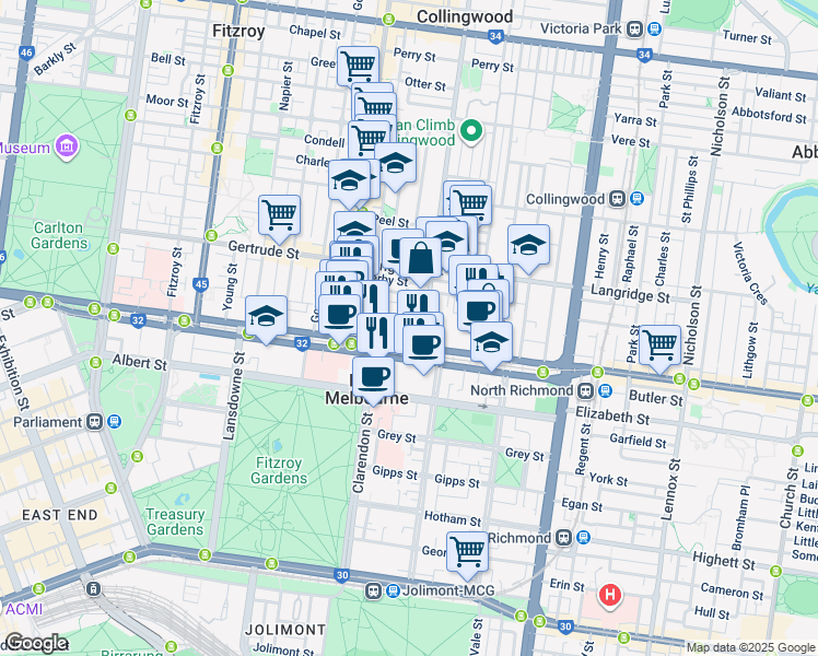 map of restaurants, bars, coffee shops, grocery stores, and more near 2 Cambridge Street in Collingwood
