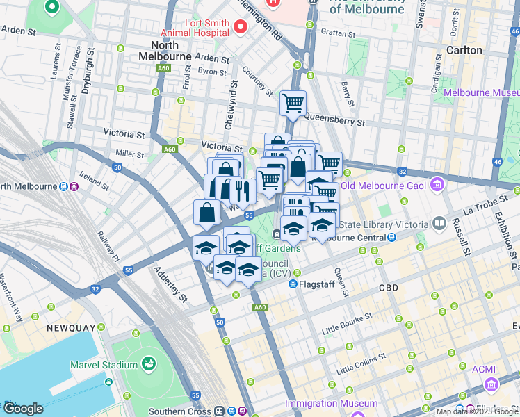 map of restaurants, bars, coffee shops, grocery stores, and more near 26 Dudley Street in West Melbourne
