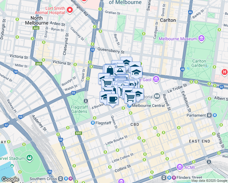 map of restaurants, bars, coffee shops, grocery stores, and more near 151 Franklin Street in Melbourne