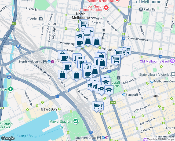 map of restaurants, bars, coffee shops, grocery stores, and more near 484 Spencer Street in West Melbourne
