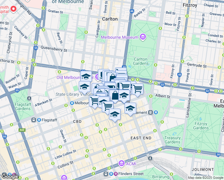 map of restaurants, bars, coffee shops, grocery stores, and more near 153 La Trobe Street in Melbourne