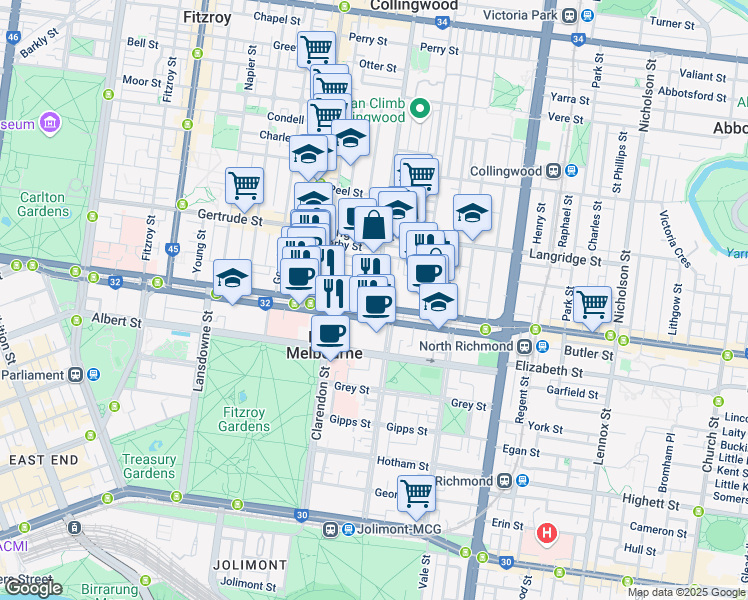 map of restaurants, bars, coffee shops, grocery stores, and more near 7 Wellington Street in Collingwood