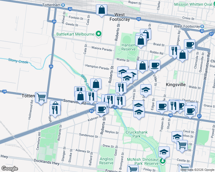 map of restaurants, bars, coffee shops, grocery stores, and more near 90 Roberts Street in West Footscray