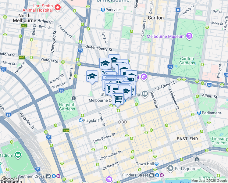 map of restaurants, bars, coffee shops, grocery stores, and more near 80 A'Beckett Street in Melbourne