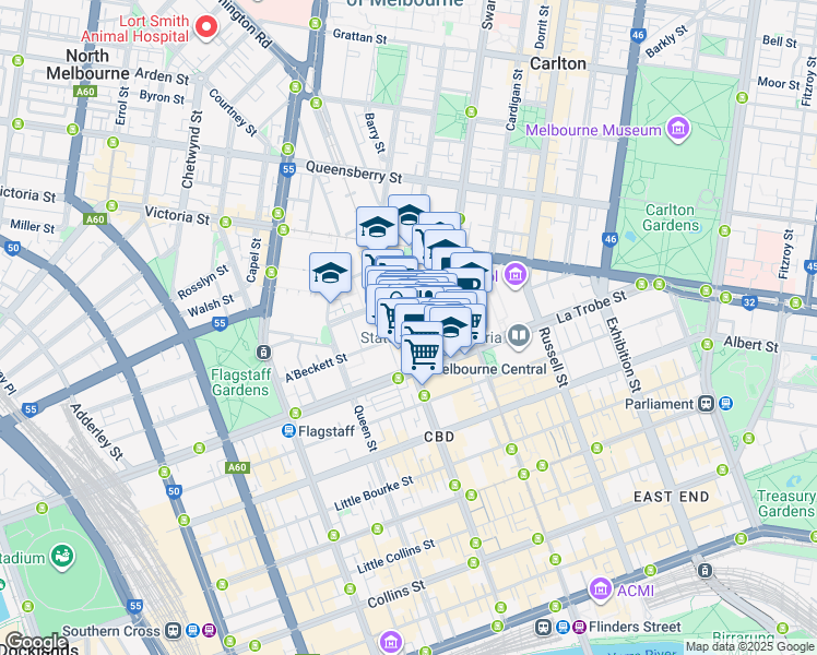 map of restaurants, bars, coffee shops, grocery stores, and more near 80 A'Beckett Street in Melbourne