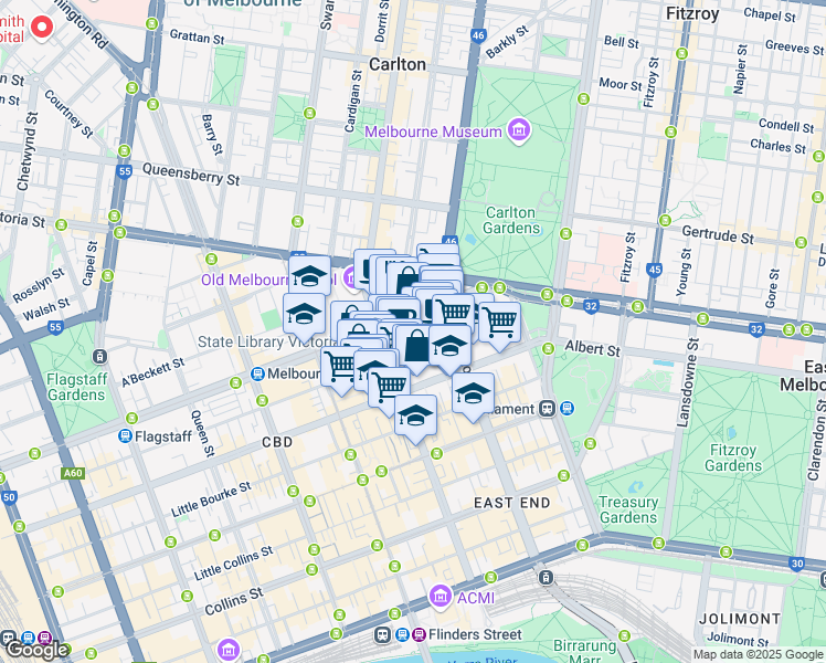 map of restaurants, bars, coffee shops, grocery stores, and more near 23 Bennetts Lane in Melbourne