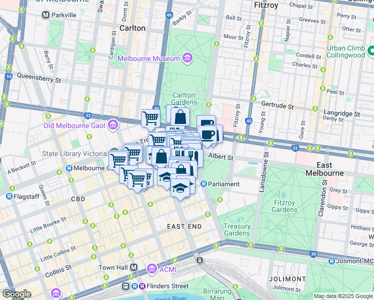 map of restaurants, bars, coffee shops, grocery stores, and more near 2 Lonsdale Street in Melbourne
