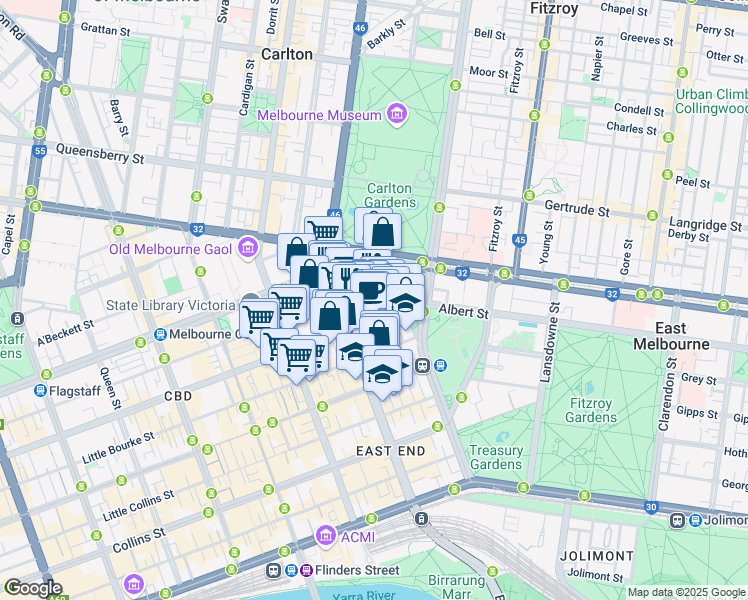 map of restaurants, bars, coffee shops, grocery stores, and more near 50 Lonsdale Street in Melbourne
