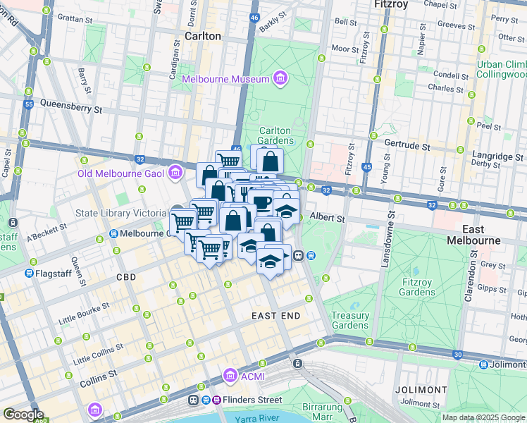 map of restaurants, bars, coffee shops, grocery stores, and more near 50 Lonsdale Street in Melbourne