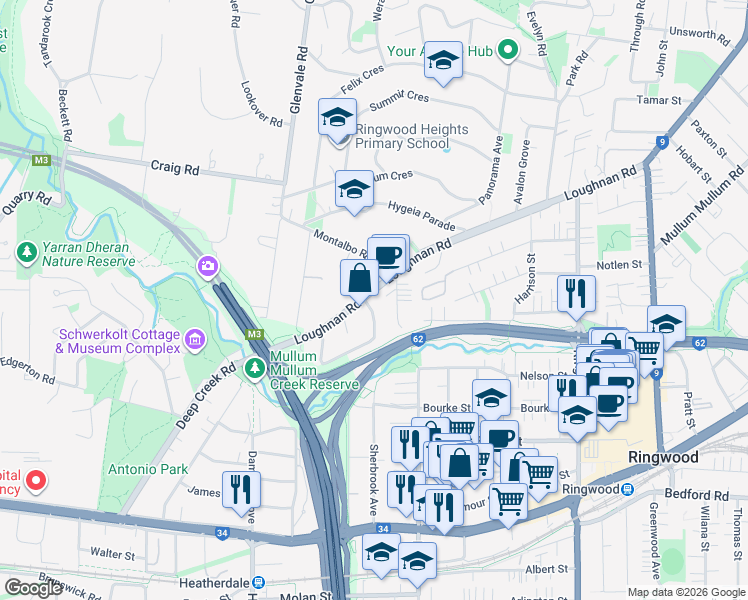 map of restaurants, bars, coffee shops, grocery stores, and more near 101 Loughnan Road in Ringwood