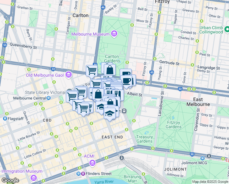 map of restaurants, bars, coffee shops, grocery stores, and more near 2 Lonsdale Street in Melbourne