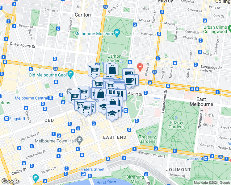 map of restaurants, bars, coffee shops, grocery stores, and more near 2 Lonsdale Street in Melbourne