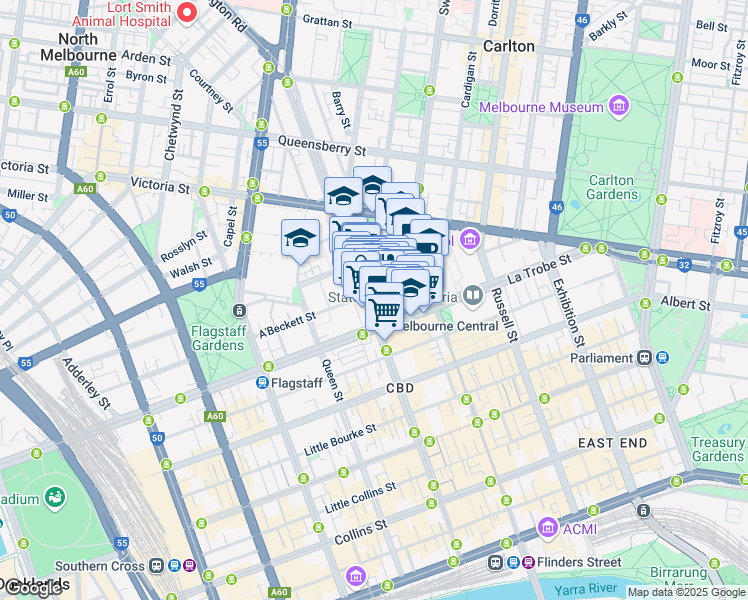 map of restaurants, bars, coffee shops, grocery stores, and more near 398 Elizabeth Street in Melbourne