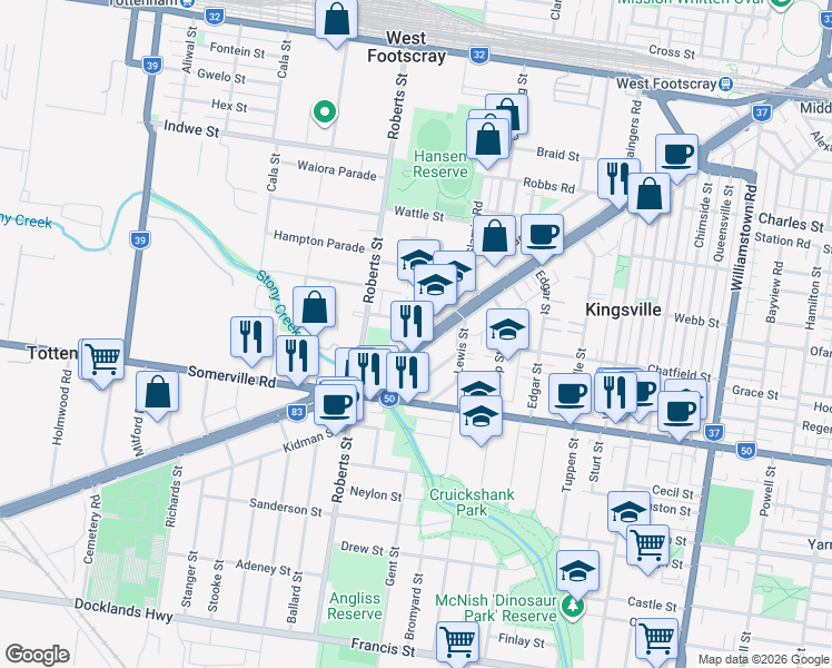 map of restaurants, bars, coffee shops, grocery stores, and more near 398 Geelong Road in West Footscray