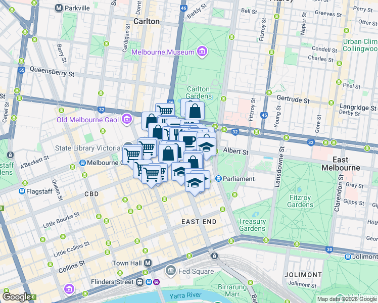 map of restaurants, bars, coffee shops, grocery stores, and more near 50 Lonsdale Street in Melbourne
