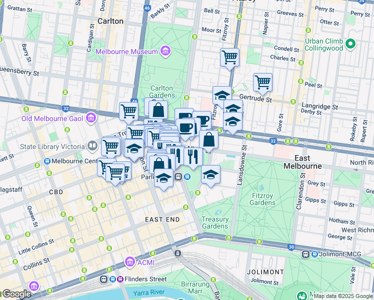 map of restaurants, bars, coffee shops, grocery stores, and more near 531 Albert Street in East Melbourne