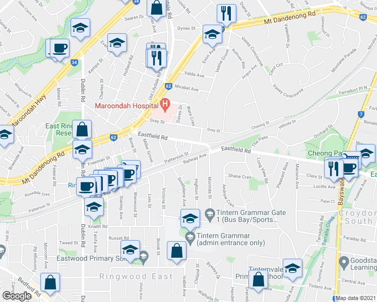 map of restaurants, bars, coffee shops, grocery stores, and more near 115 Patterson Street in Ringwood East