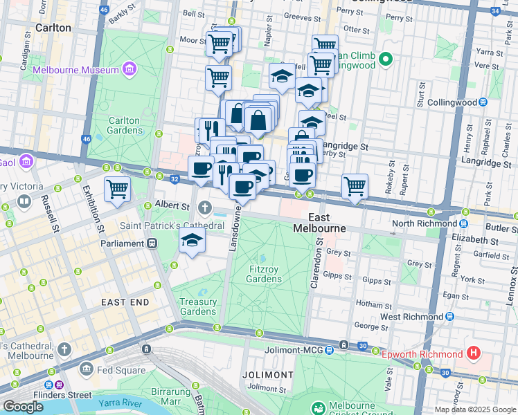 map of restaurants, bars, coffee shops, grocery stores, and more near 340 Albert Street in East Melbourne