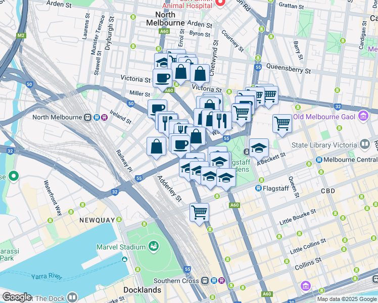 map of restaurants, bars, coffee shops, grocery stores, and more near 150 Dudley Street in West Melbourne