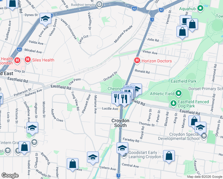 map of restaurants, bars, coffee shops, grocery stores, and more near 84-100 Bayswater Road in Croydon