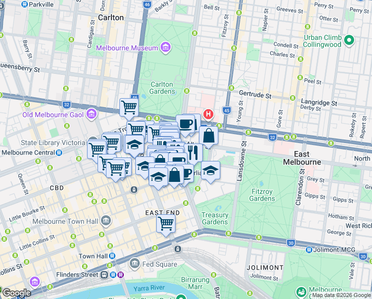 map of restaurants, bars, coffee shops, grocery stores, and more near 531 Albert Street in East Melbourne