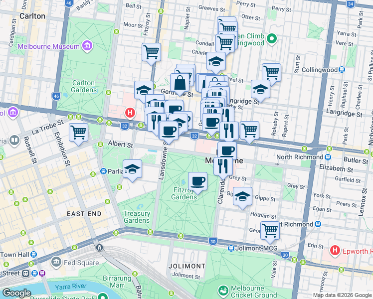 map of restaurants, bars, coffee shops, grocery stores, and more near 322 Albert Street in East Melbourne