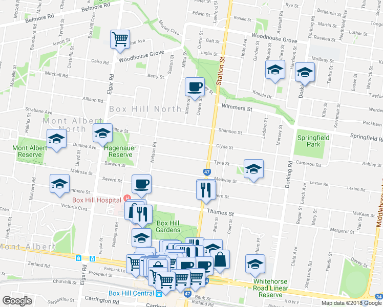 map of restaurants, bars, coffee shops, grocery stores, and more near 60 Tyne Street in Box Hill North