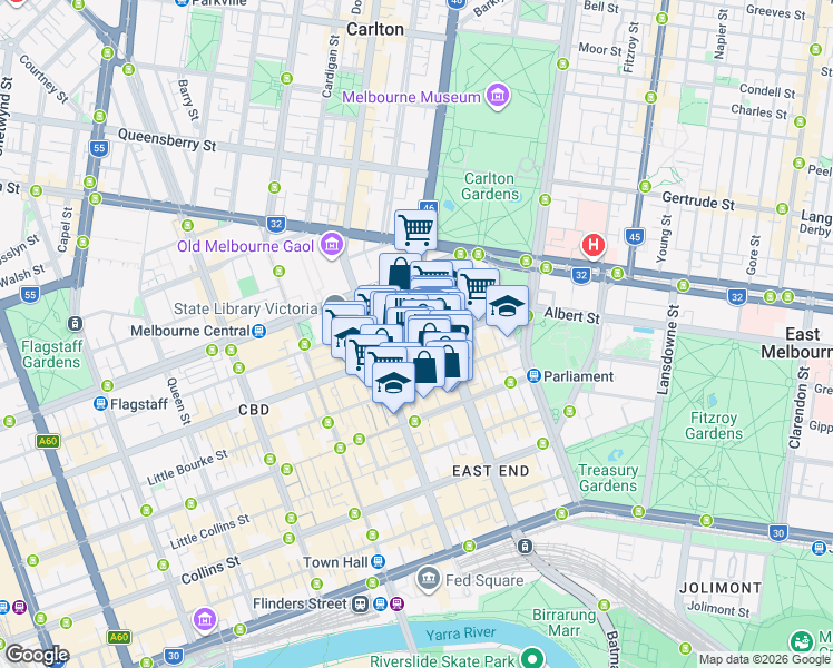 map of restaurants, bars, coffee shops, grocery stores, and more near 130 Lonsdale Street in Melbourne