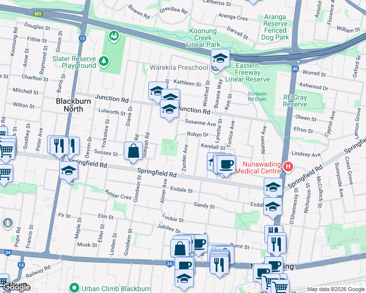 map of restaurants, bars, coffee shops, grocery stores, and more near 22 Zander Avenue in Nunawading