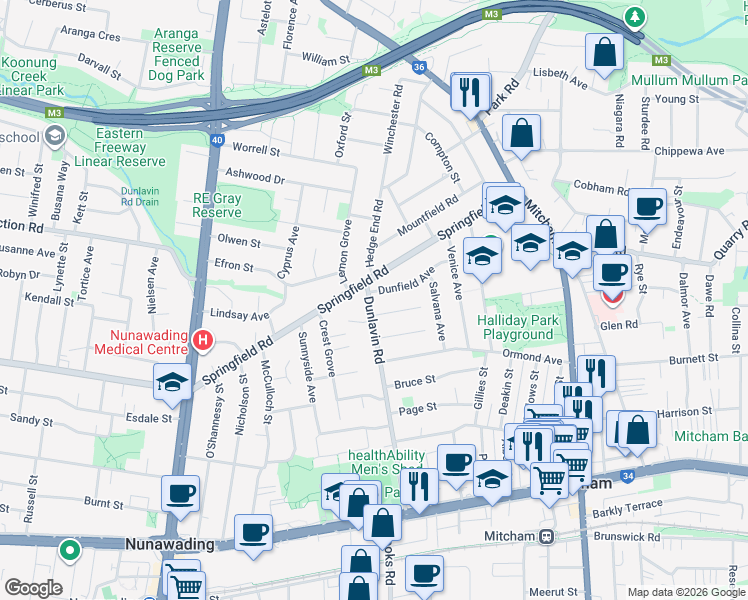 map of restaurants, bars, coffee shops, grocery stores, and more near 7 Dunlavin Road in Mitcham
