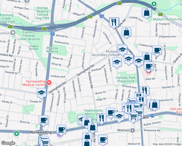 map of restaurants, bars, coffee shops, grocery stores, and more near 7 Dunlavin Road in Mitcham