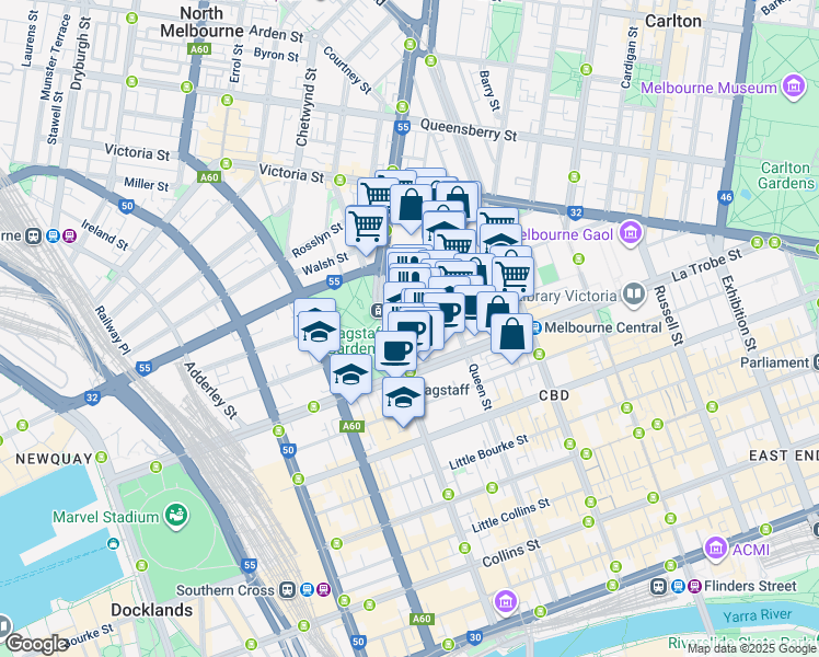 map of restaurants, bars, coffee shops, grocery stores, and more near 228 A'Beckett Street in Melbourne