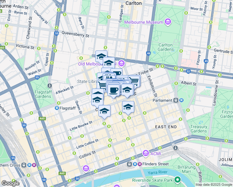 map of restaurants, bars, coffee shops, grocery stores, and more near 300 Swanston Street in Melbourne