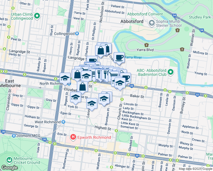 map of restaurants, bars, coffee shops, grocery stores, and more near 206 Victoria Street in Richmond