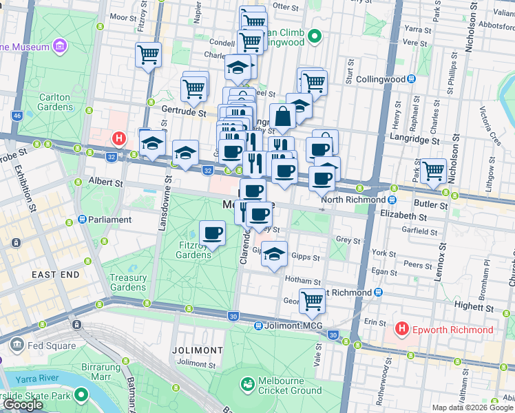 map of restaurants, bars, coffee shops, grocery stores, and more near 113 Albert Street in East Melbourne