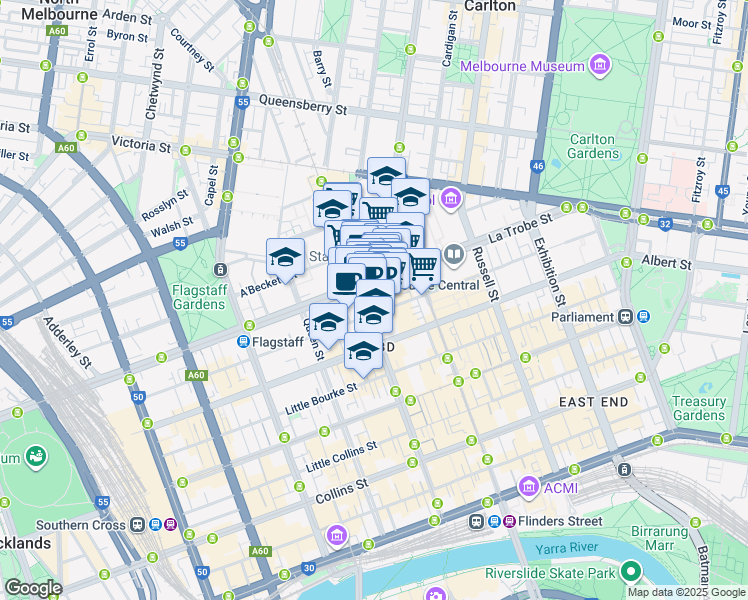 map of restaurants, bars, coffee shops, grocery stores, and more near 360 Elizabeth Street in Melbourne