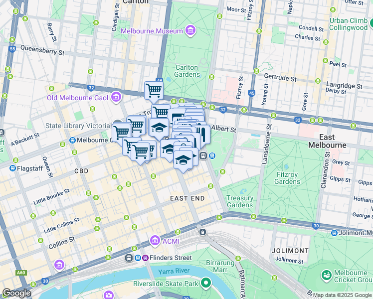 map of restaurants, bars, coffee shops, grocery stores, and more near 43 Little Bourke Street in Melbourne