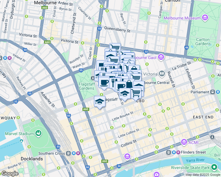 map of restaurants, bars, coffee shops, grocery stores, and more near 380 La Trobe Street in Melbourne