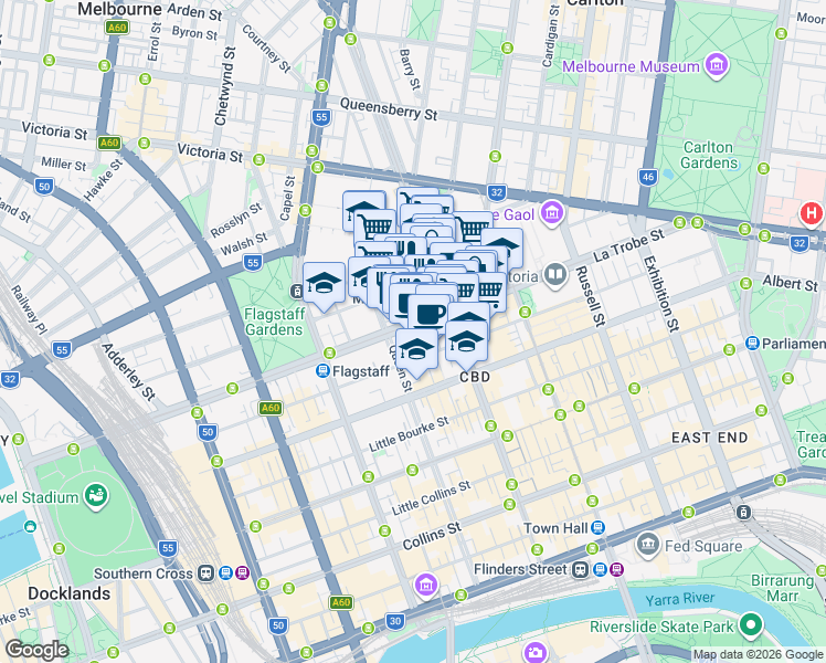 map of restaurants, bars, coffee shops, grocery stores, and more near 321 La Trobe Street in Melbourne
