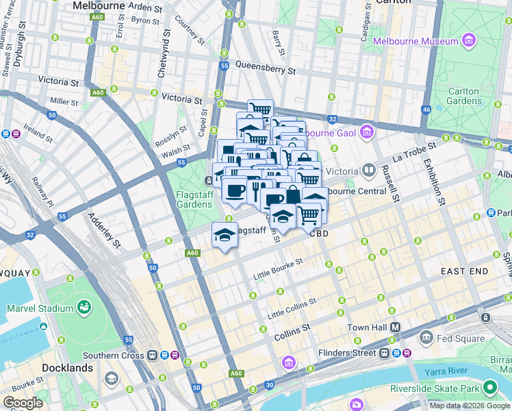 map of restaurants, bars, coffee shops, grocery stores, and more near 380 La Trobe Street in Melbourne