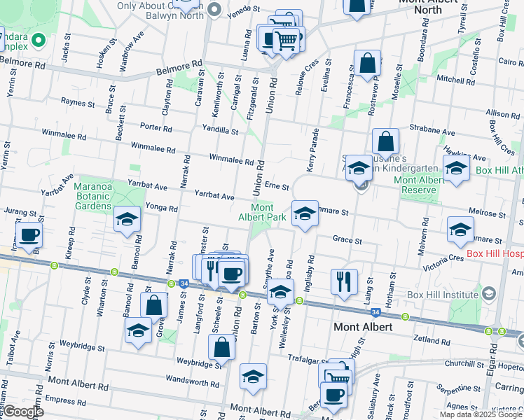 map of restaurants, bars, coffee shops, grocery stores, and more near 15 Carlyle Crescent in Balwyn