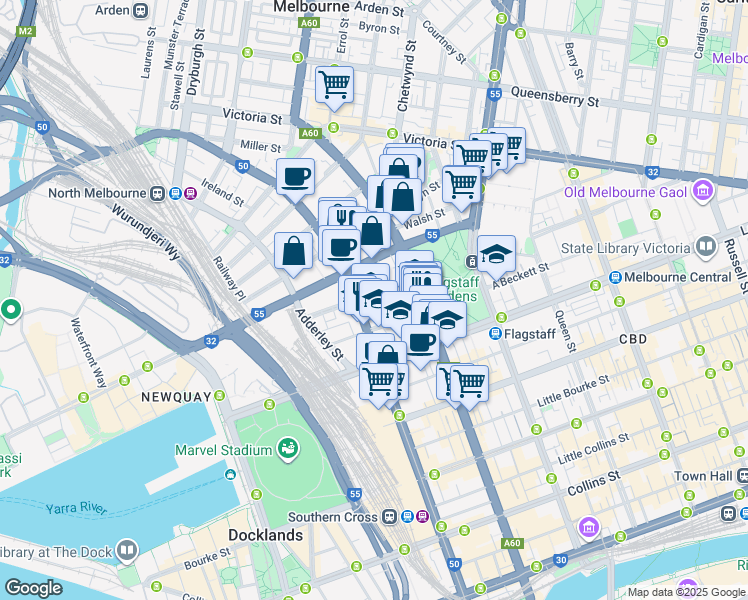 map of restaurants, bars, coffee shops, grocery stores, and more near 55 Batman Street in West Melbourne
