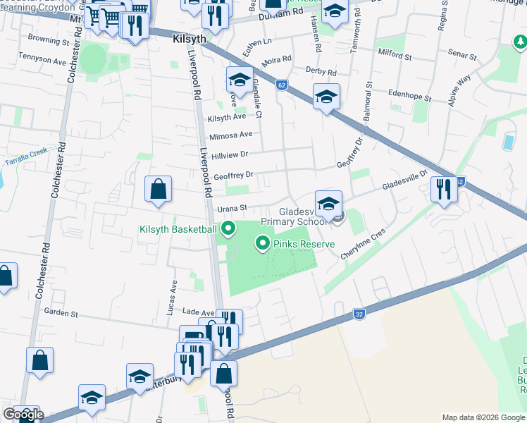 map of restaurants, bars, coffee shops, grocery stores, and more near 28 Urana Street in Kilsyth